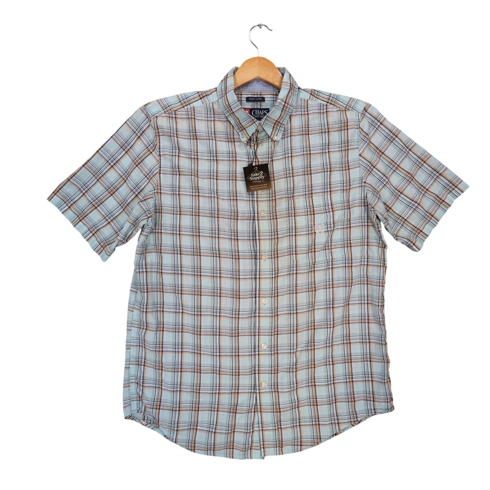 Chaps Button Down Shirt Mens M Light Blue Excellent Plaid Easy Care Short Sleeve